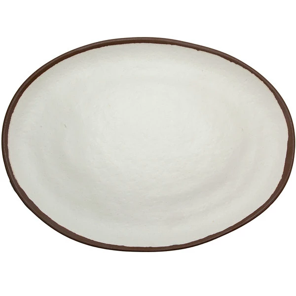 GET Enterprises GET P-151-CRM Pottery Market 15" X 11" Glazed Oval Cream Melamine Coupe Platter With Brown Trim - 6/Case