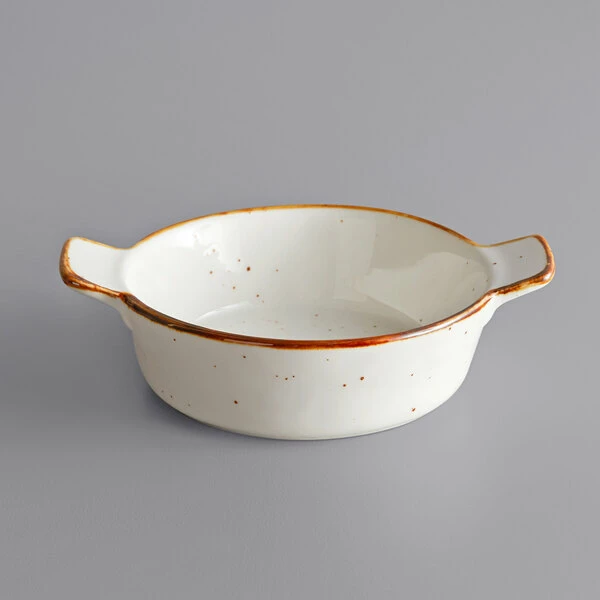 Acopa Keystone 6 Oz. Vanilla Bean Stoneware Mini Casserole Dish With Handles - 48/Case - Image 2