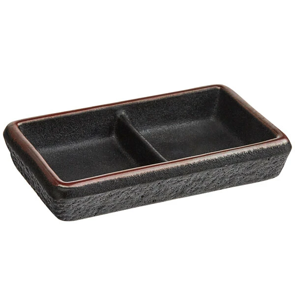 Acopa Heika 1 Oz. Black Matte Textured Rectangular 2-Compartment Stoneware Sauce Dish - 12/Case - Image 2