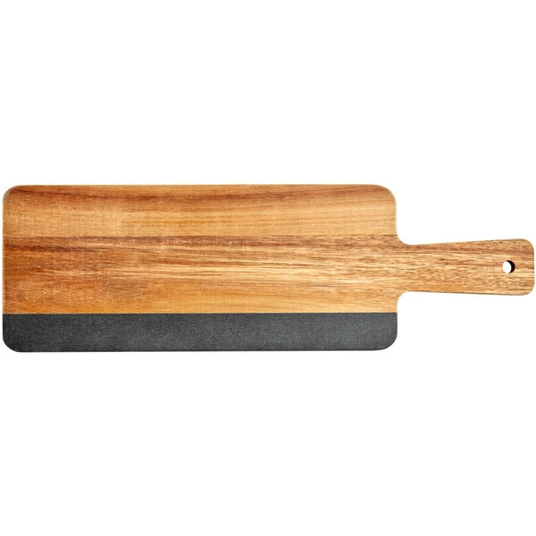 Acopa 16" X 5" Acacia Wood And Slate Serving Board With Handle - Image 2
