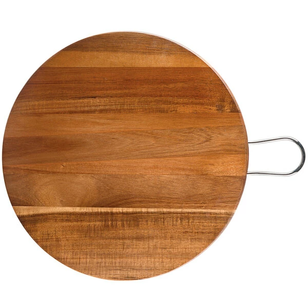 Tablecraft ACAMR14 Acacia Wood Round Display Board With Brushed Nickel Handle - 14" X 5/8" - Image 2