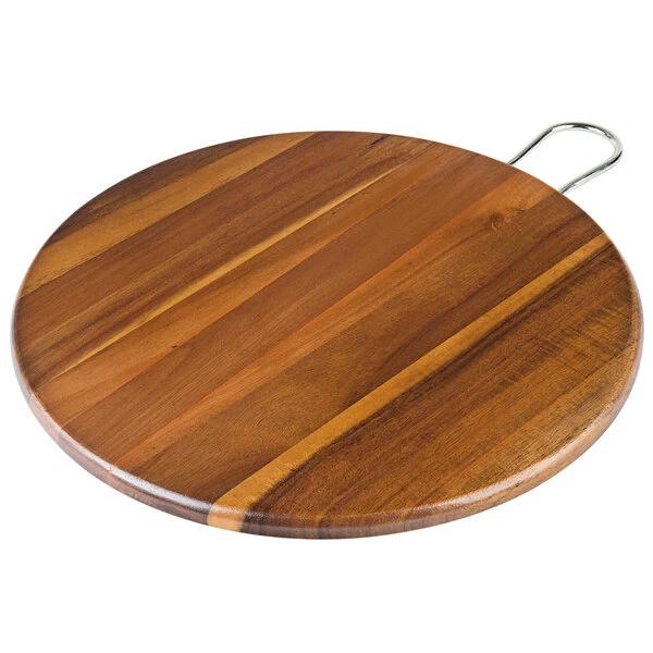 Tablecraft ACAMR14 Acacia Wood Round Display Board With Brushed Nickel Handle - 14" X 5/8" - Image 3