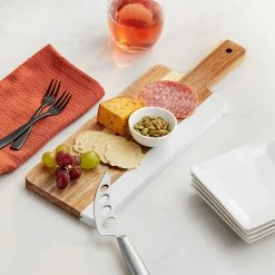 Acopa 16" X 5" Acacia Wood And White Marble Serving Board With Handle