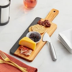 Acopa 16" X 5" Acacia Wood And Slate Serving Board With Handle